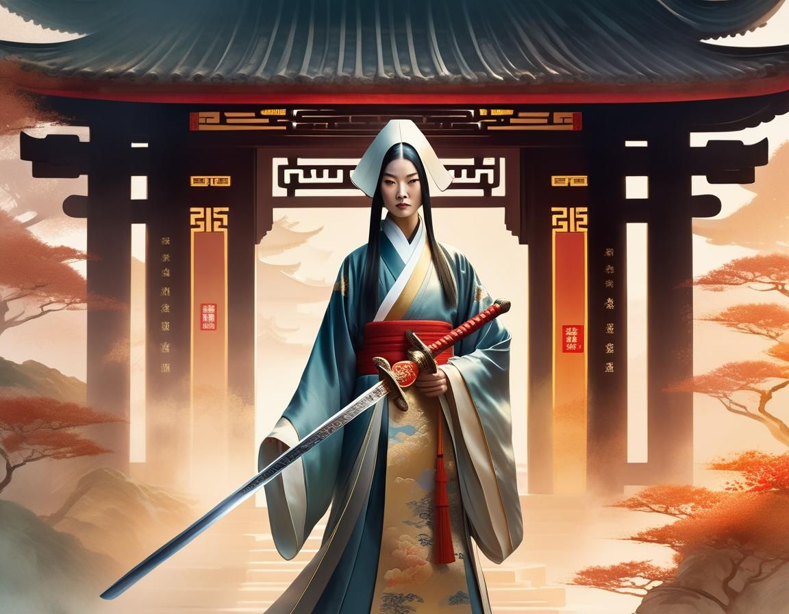 Taoist Nun with Sword in Chinese Watercolor Style