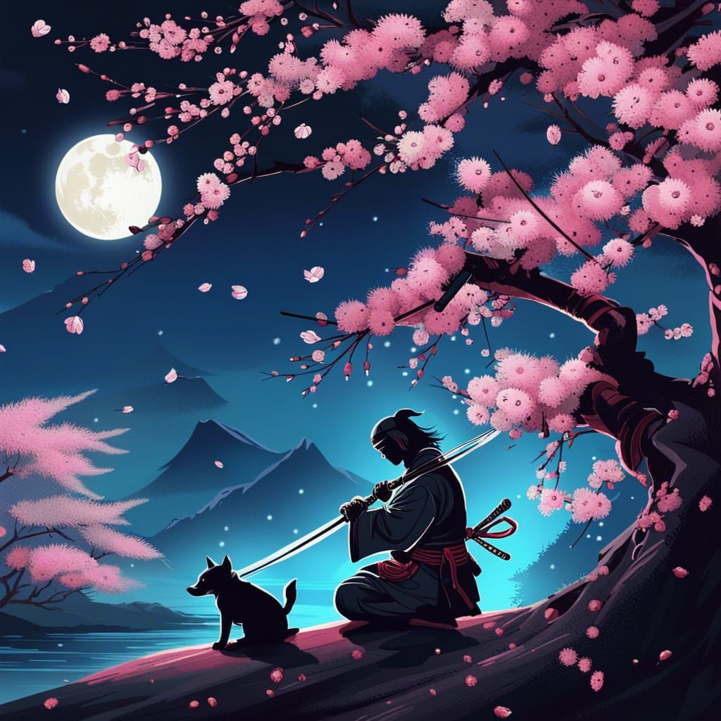Ninja Samurai and Puppy in Moonlight