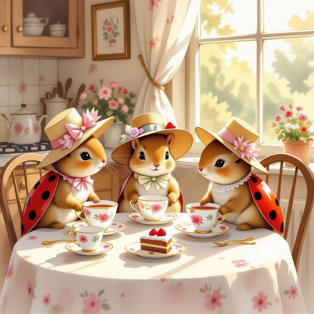 Ladybirds Enjoy Tea Party in Elegant Hats