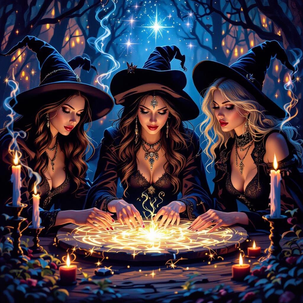 Witches Casting Spell Under Starry Night Sky