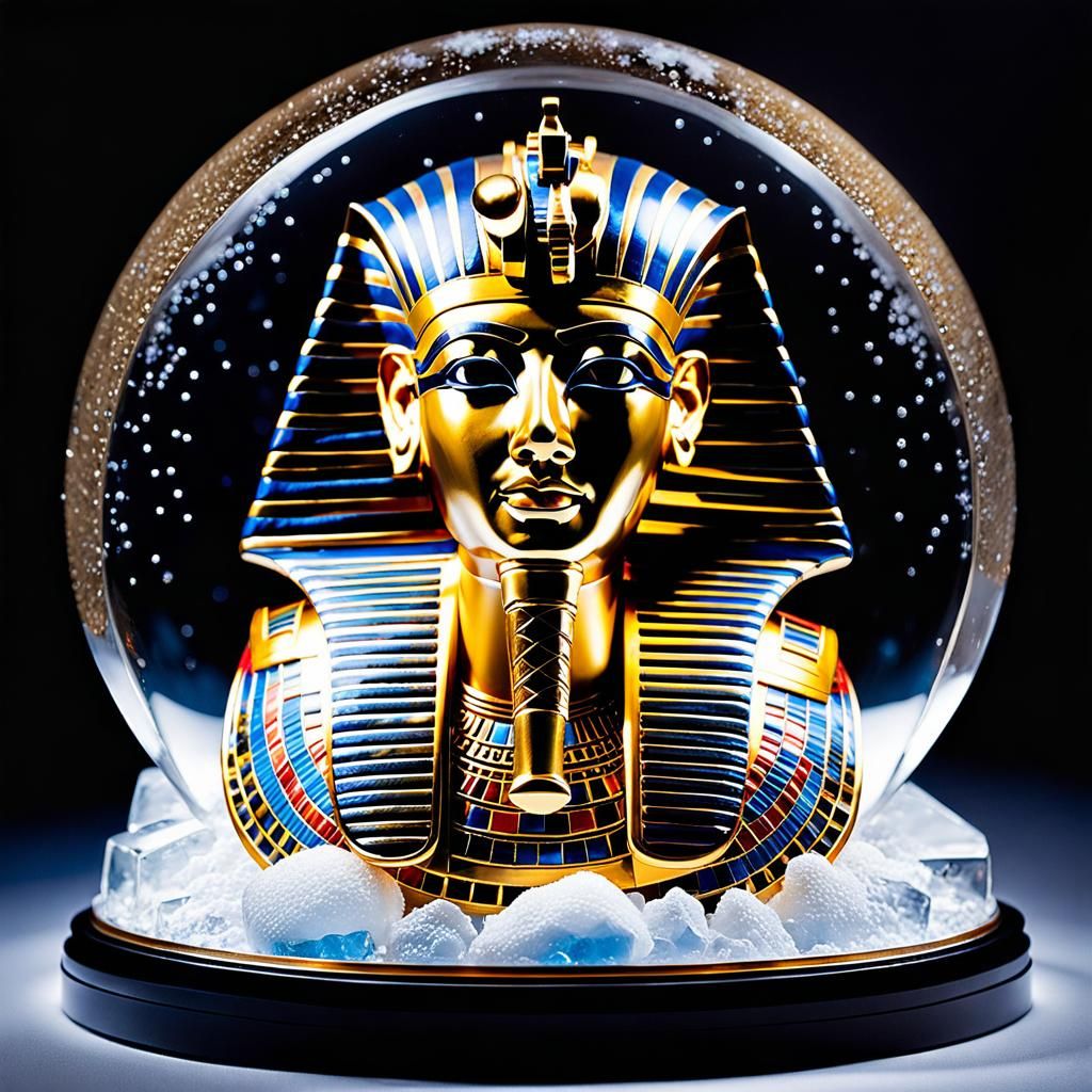 Tutankhamun Mask Ice Sculpture in Snow Globe