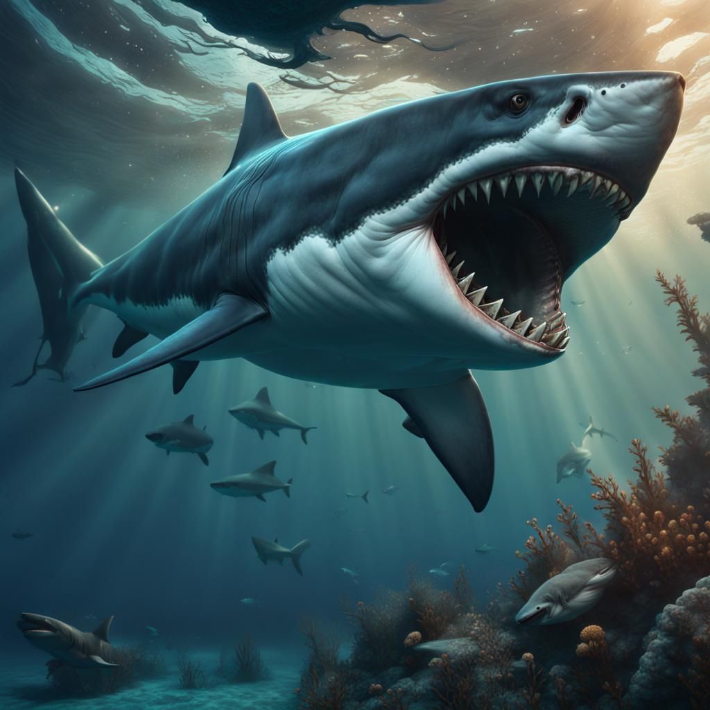 Hyperrealistic Megalodon Shark in Deep Color Underwater Scen...