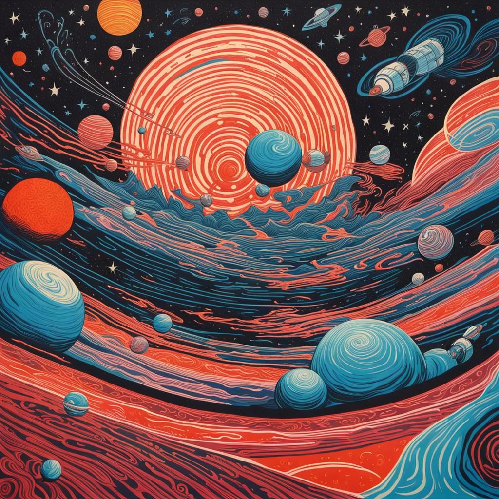 Earth Orbited by Satellites: Linocut Style