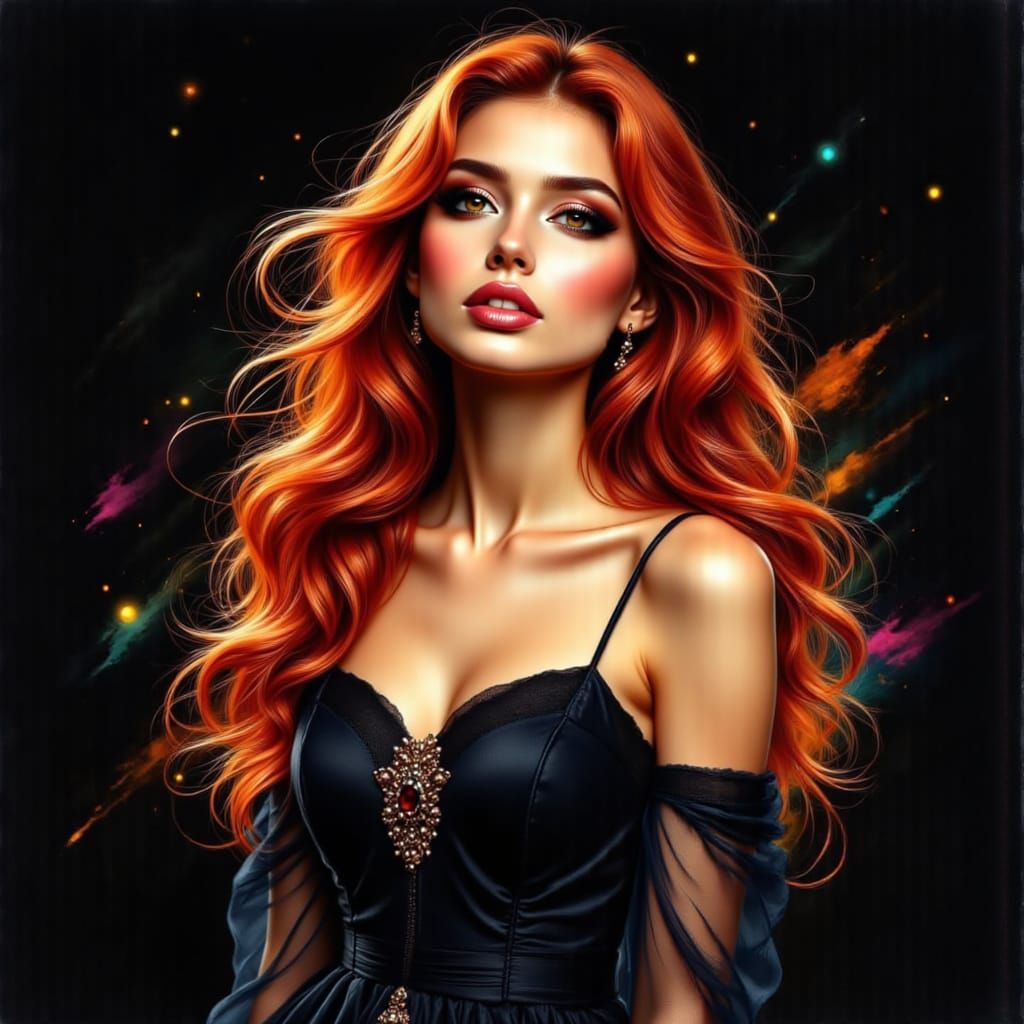 Copper-Haired Woman with Flowing Colors, Renaissance Style