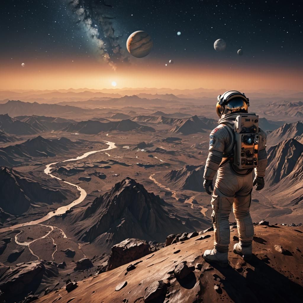 Astronaut Overlooks Venus with Galaxy View