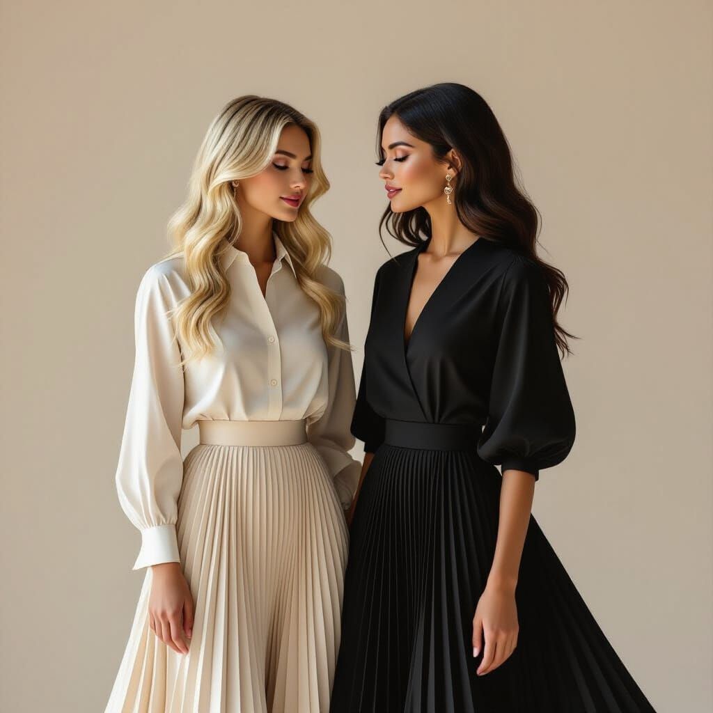 Elegant Women in Pleated Outfits Share a Moment