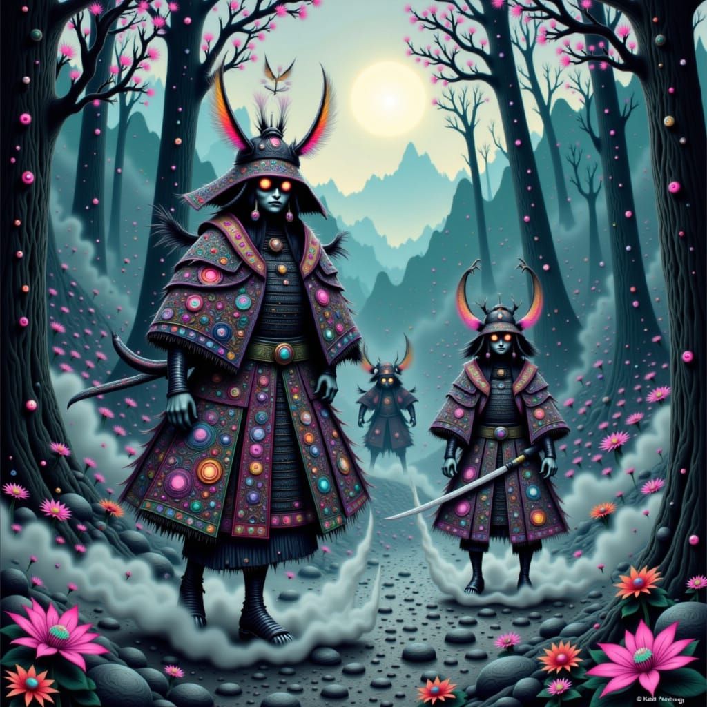 Yokai and Oni Samurai Battle in a Neon Forest