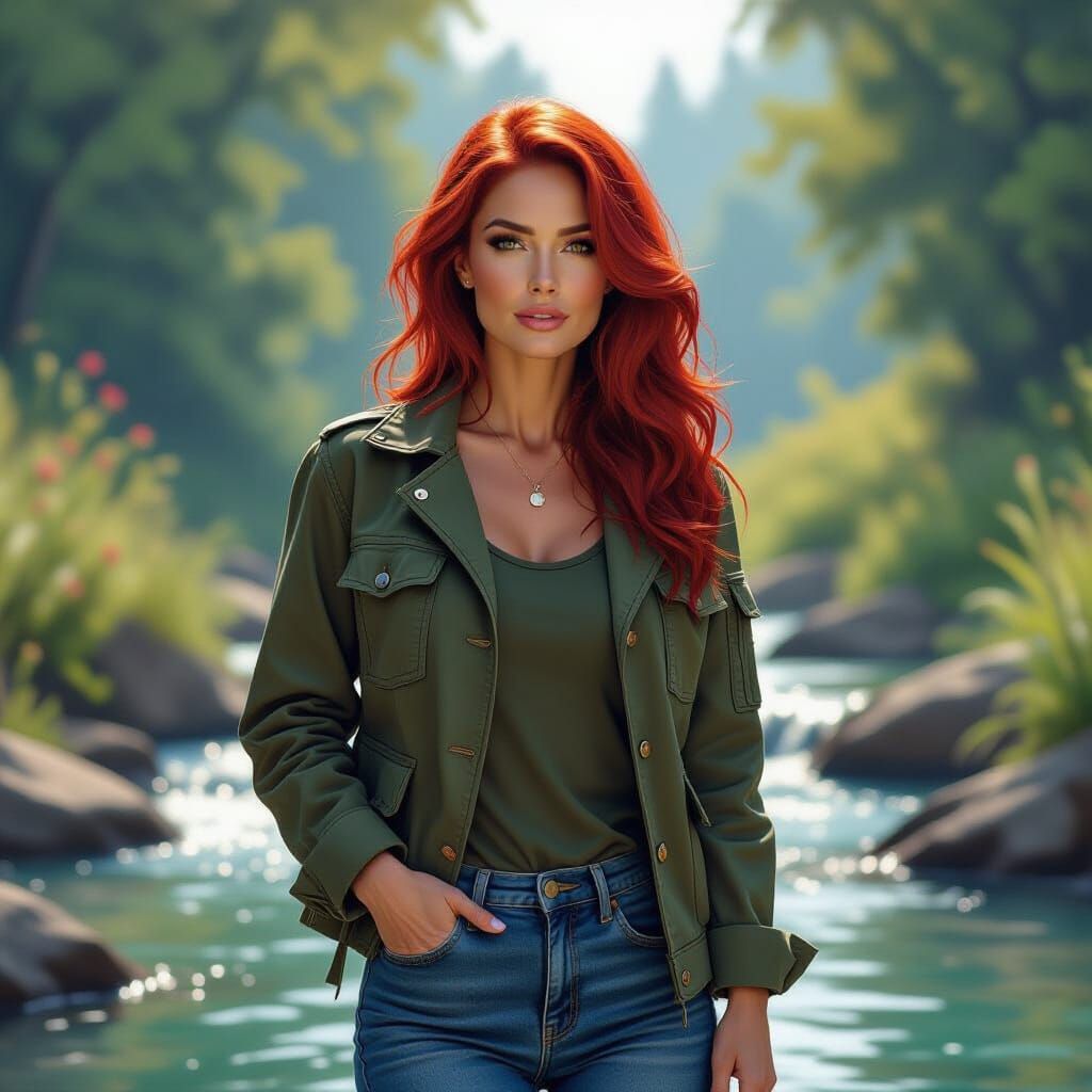 Red-Haired Woman by Stream in Hyperrealistic Splash Art Styl...
