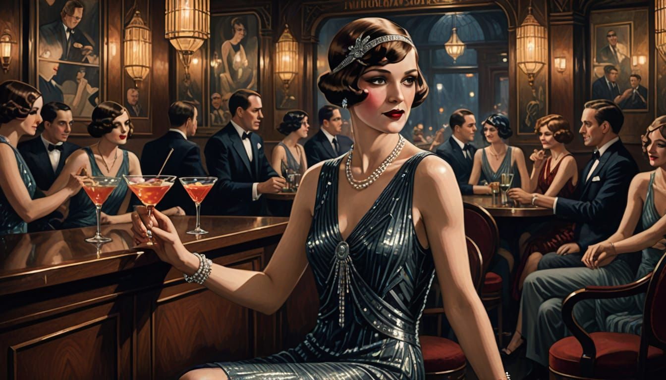 Roaring 20s Flapper in Dimly Lit Speakeasy