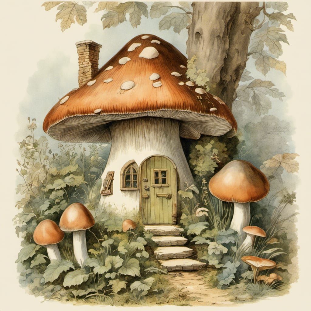 Enchanted Fairy Mushroom House: Botanical Illustration