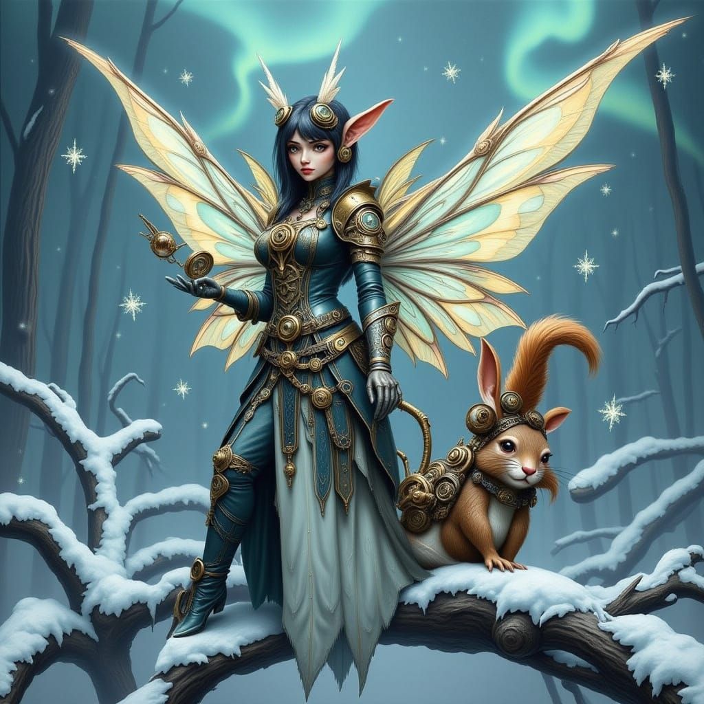 Winter Fairy and Steampunk Squirrel in Aurora Borealis