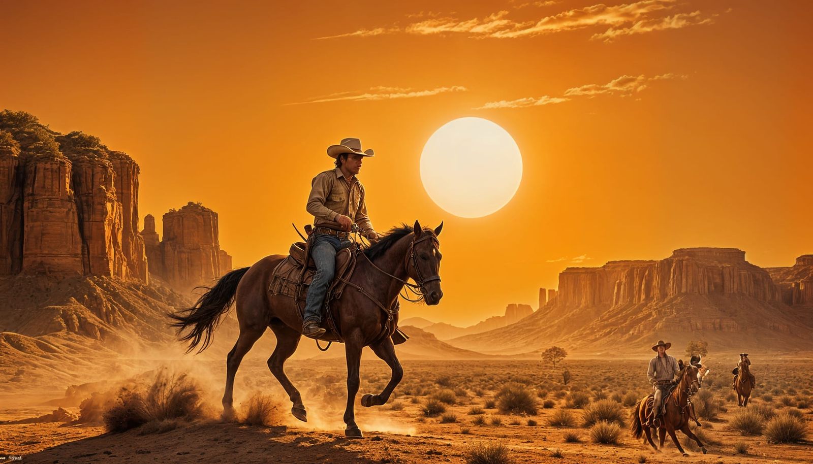 Cowboy Galloping to Dusty Sunset in Classic Western Poster S...