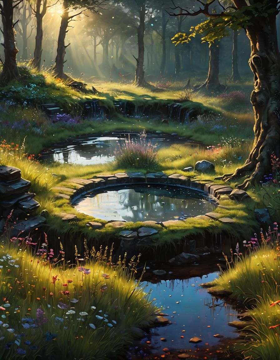 Moody Oil Painting of Witch Circle with Well