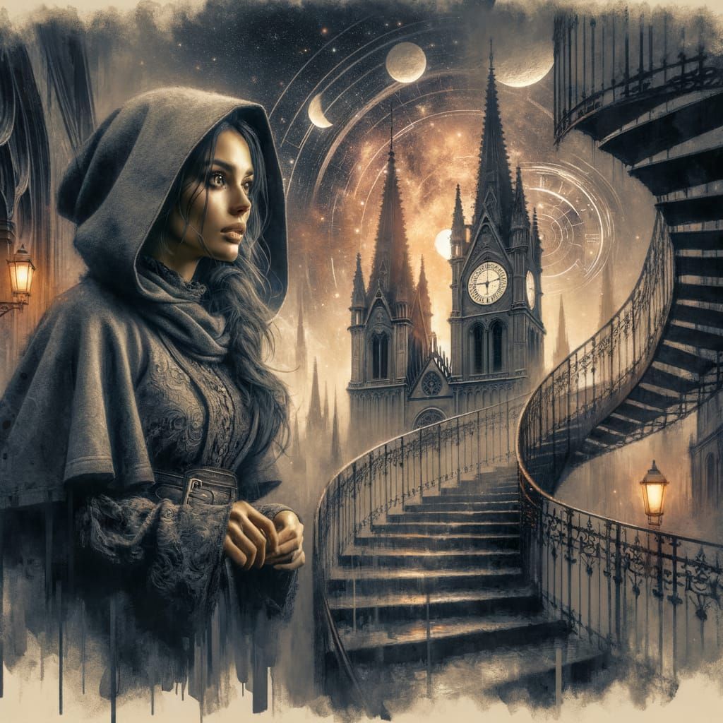 Hispanic Woman on Winding Staircase with Gothic Towers