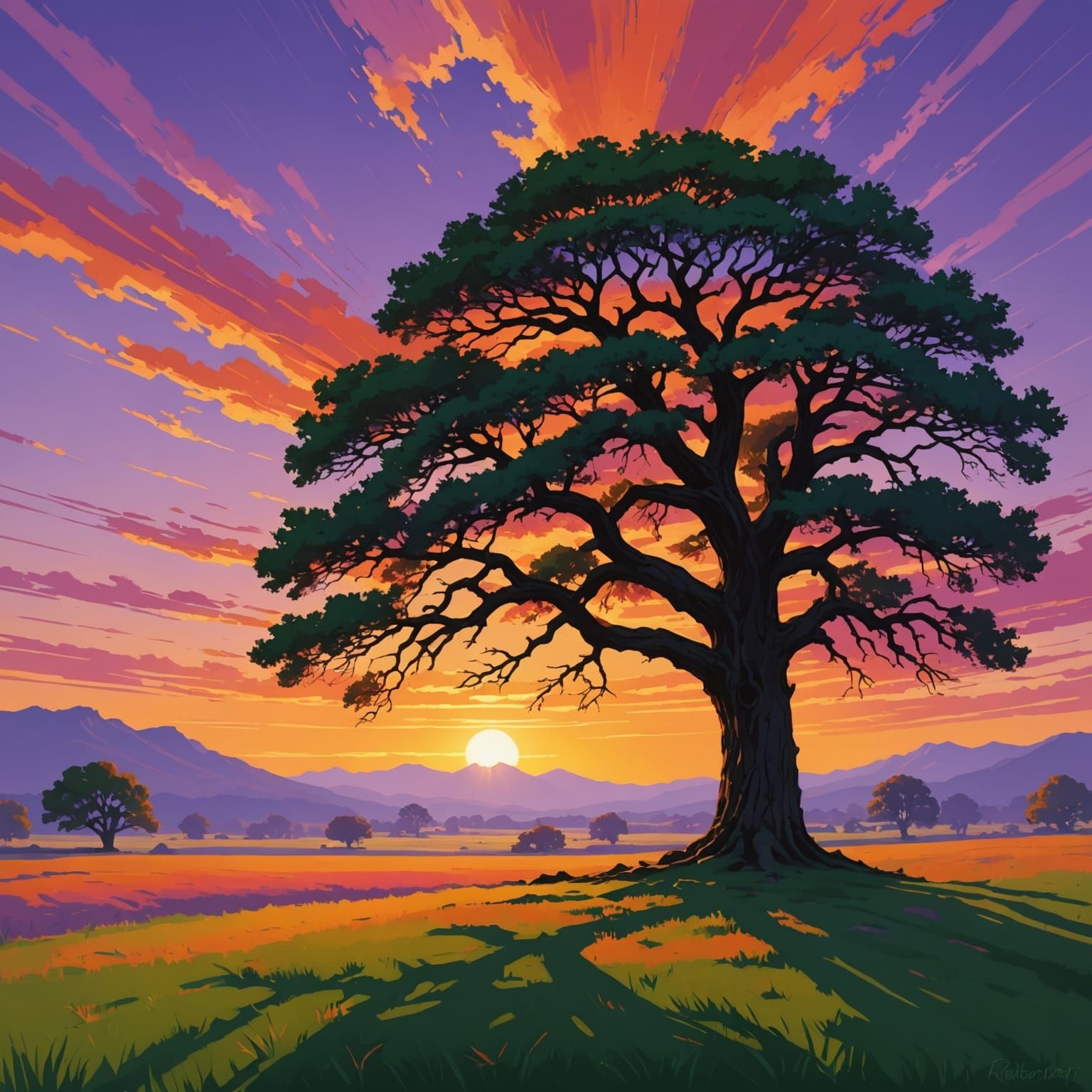Ancient Oak Silhouette at Sunset: Classic Landscape