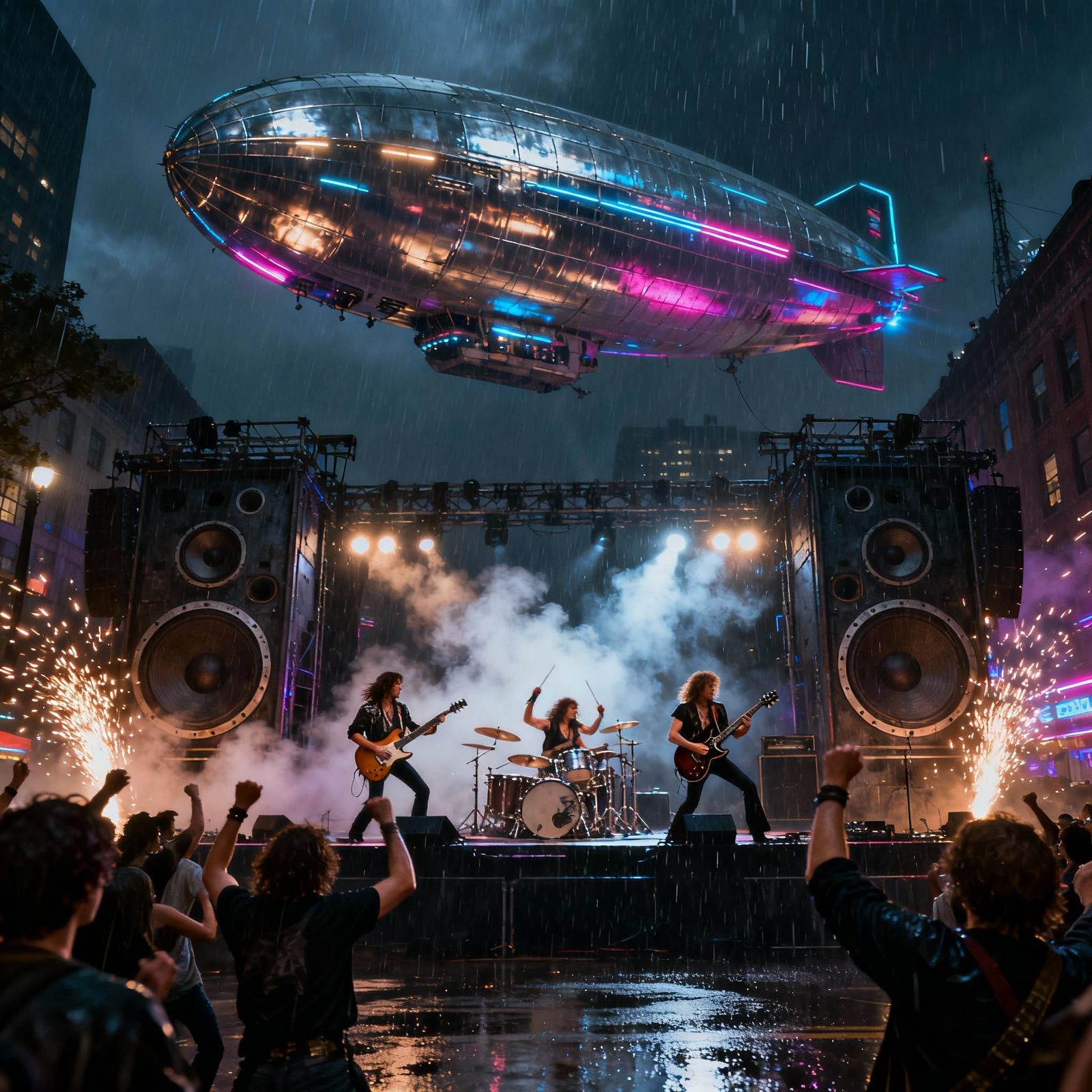 Cyberpunk Rock Concert with Zeppelin Over City Street