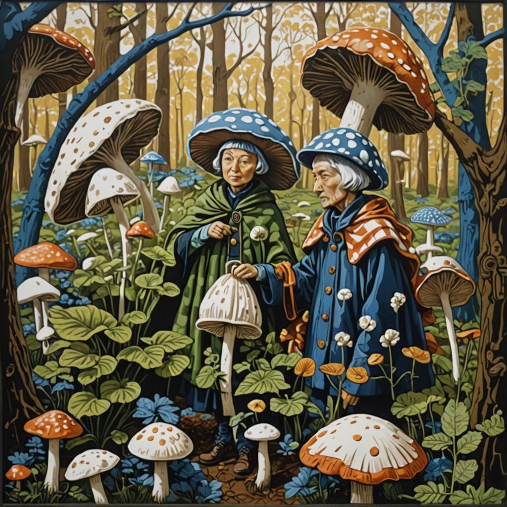 Museum Activists Harvest Tintling Mushrooms: Linocut Style