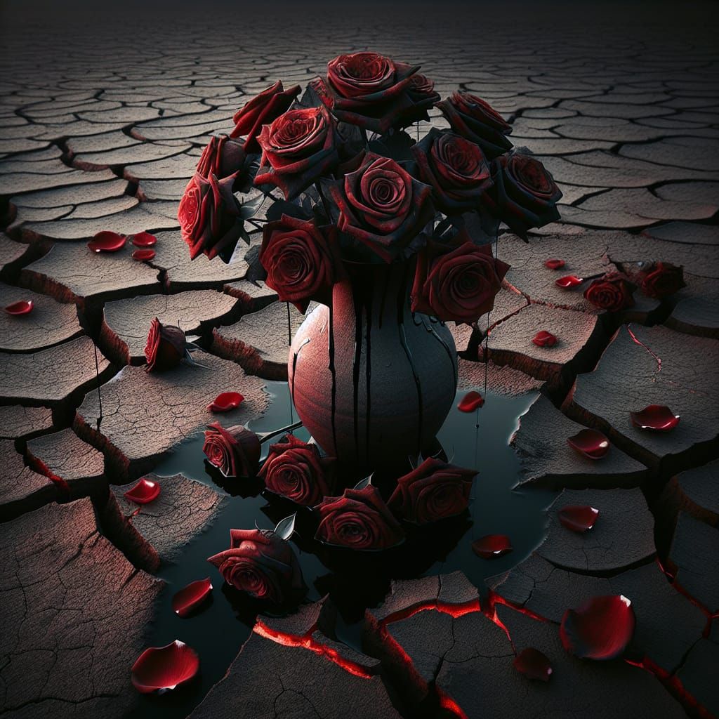Oily Black Roses in Barren Desert Still Life