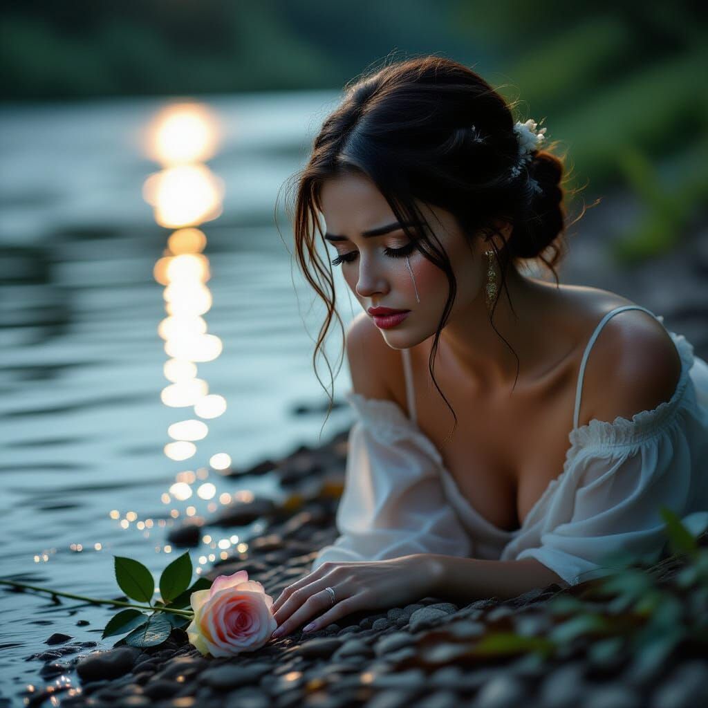 Woman Gazes at Rose, Tears Fall in Cinematic Photo