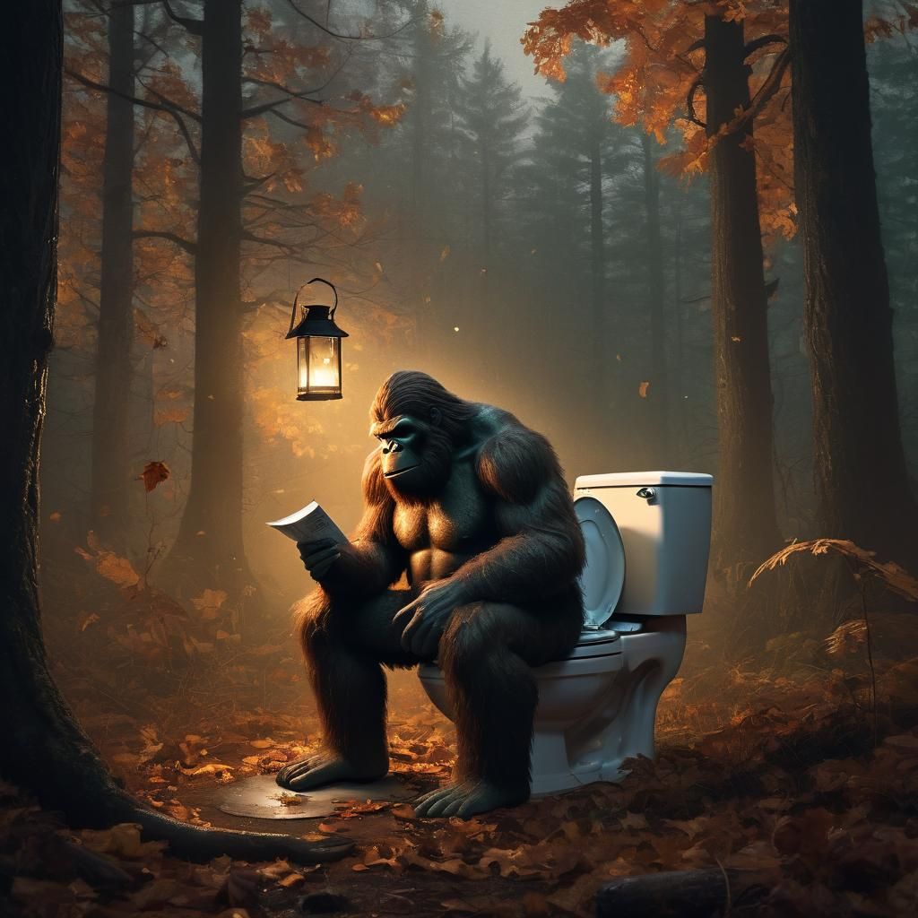 Bigfoot on Toilet in Autumn Woods: Dark Fantasy