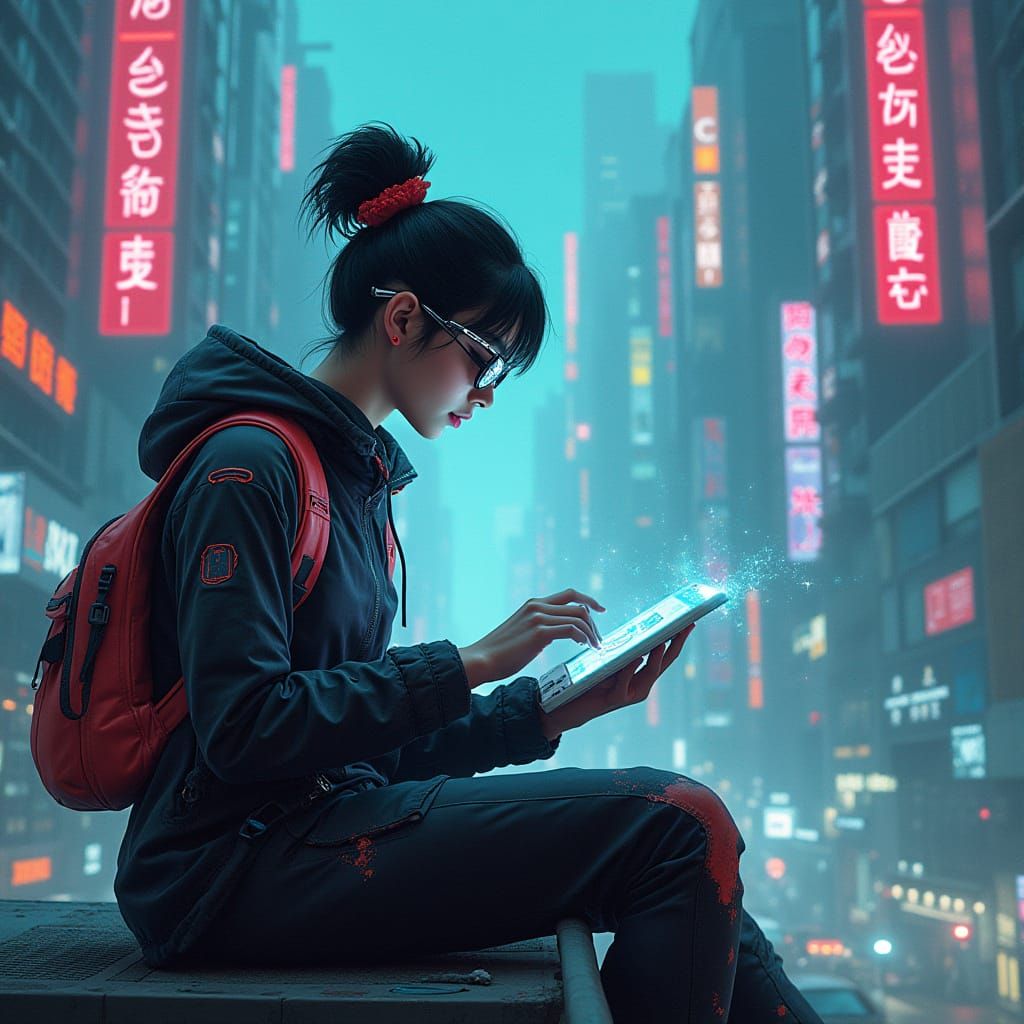 Young Futurist in a Cyberpunk Metropolis