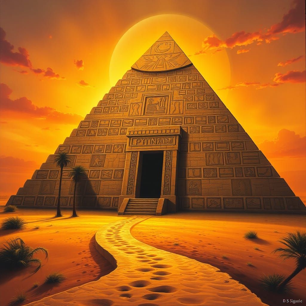 Golden Sunset Pyramid: Mystical Surrealist Digital Art