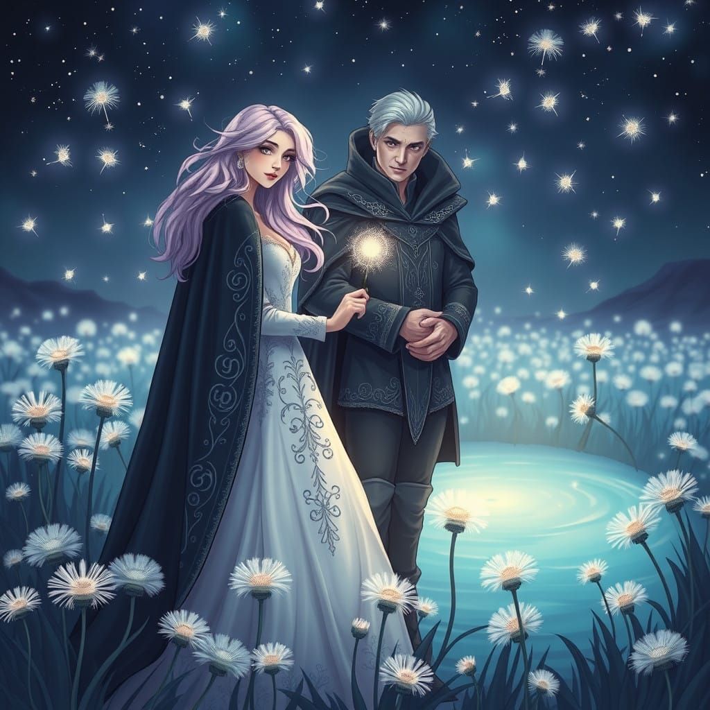 Ethereal Couple in Dazzling Glade of Dandelions