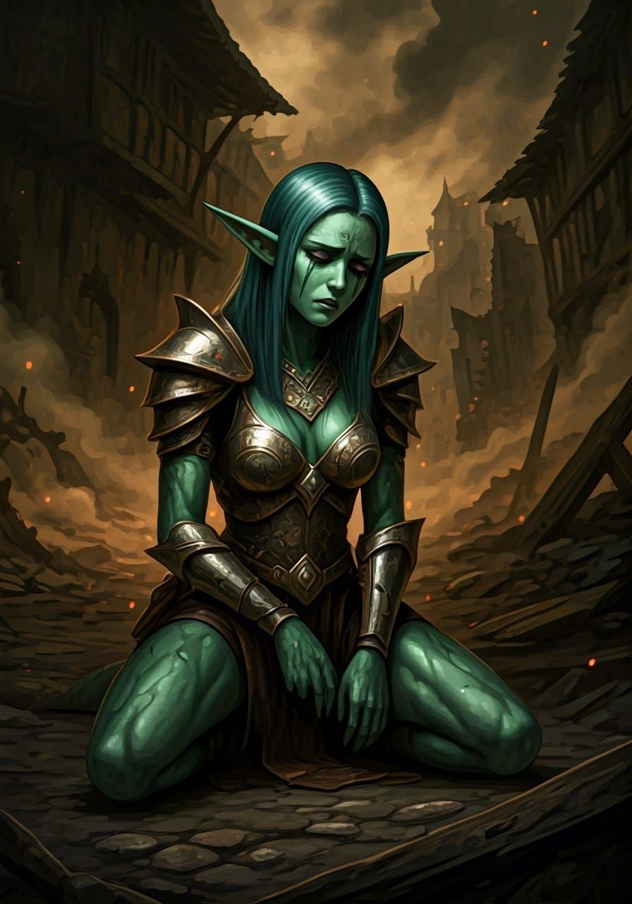A Grieving Elf-Goblin Hybrid Amidst Wartorn Sumi-E Landscape