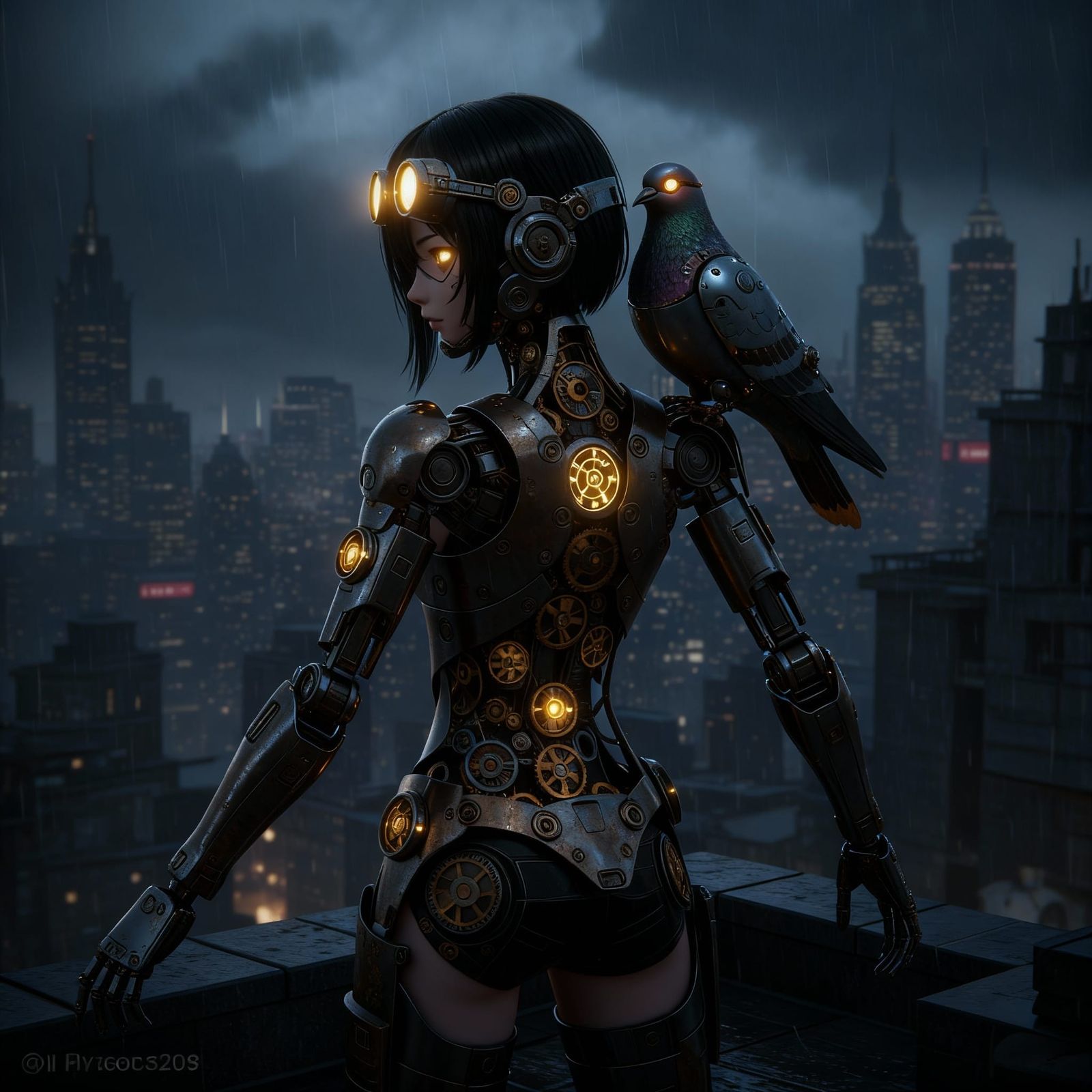 Steampunk Cyborg Girl and Robot Pigeon on Rooftop