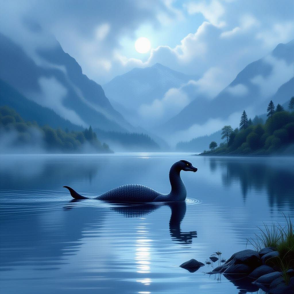 Ethereal Loch Ness Monster in Misty Fantasy Landscape