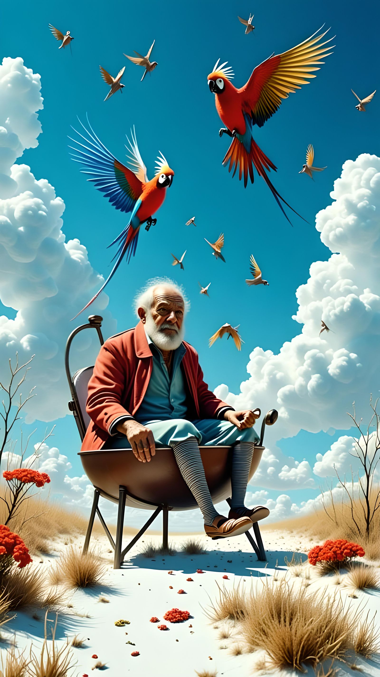 Surreal Old Man in Pan with Parrot, Salvador Dali Style