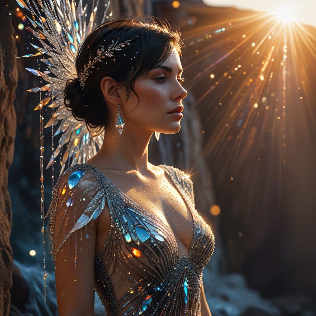 Woman in Crystal Dress at Sunset