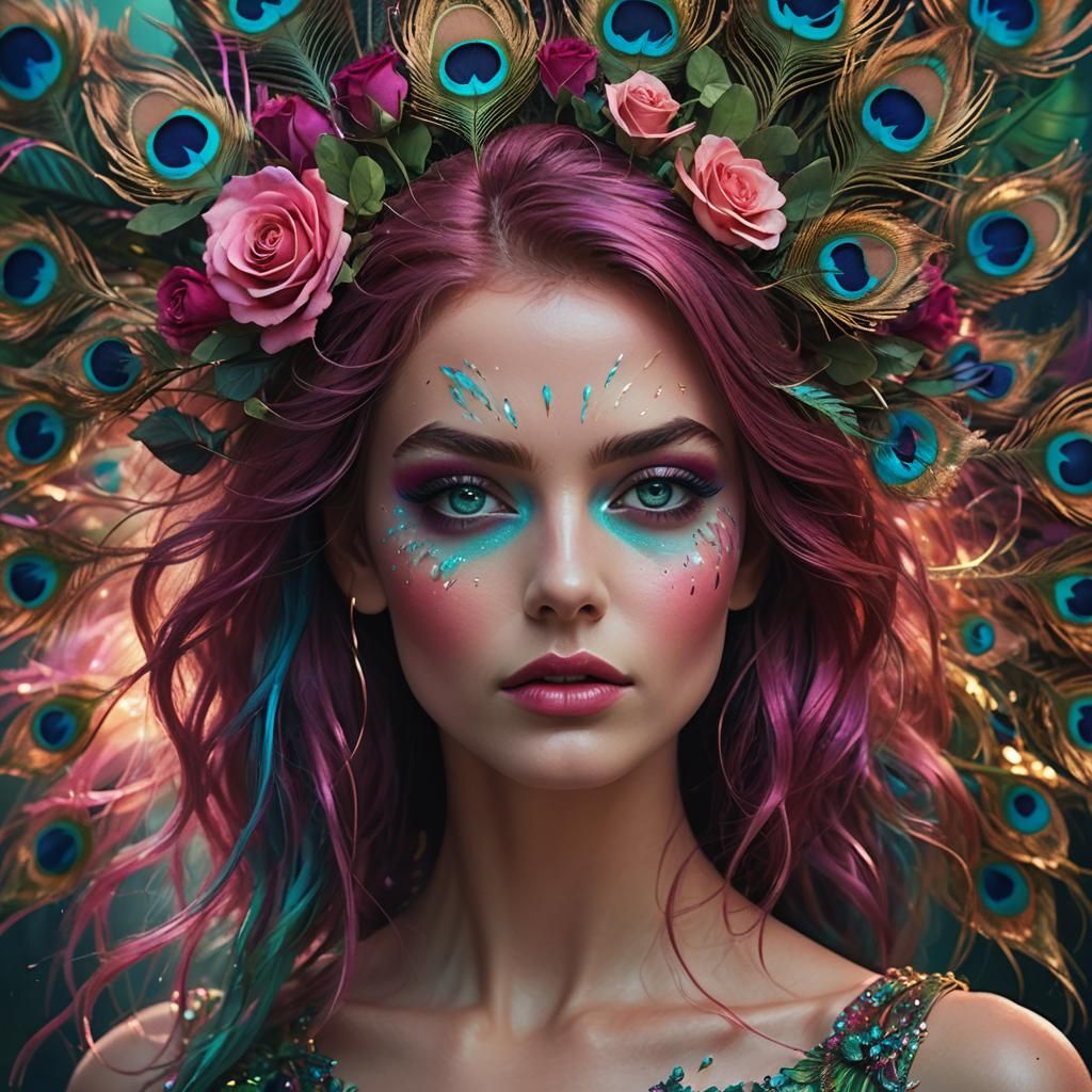 Rose Gold Woman with Peacock Feathers, Digital Art