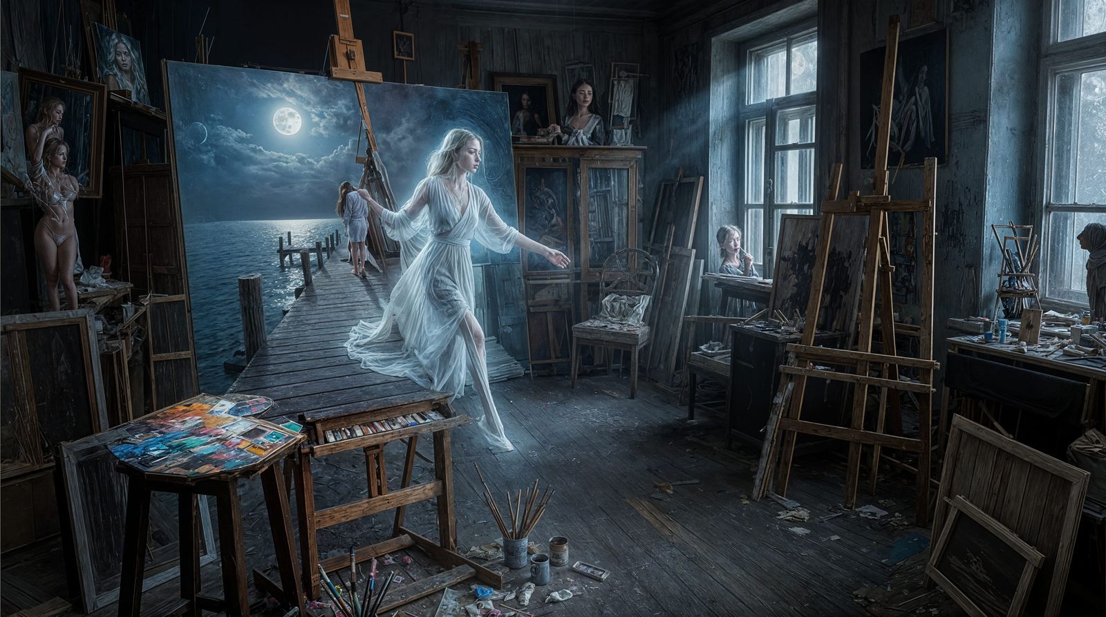 Woman Steps From Torn Canvas into Moonlit Studio