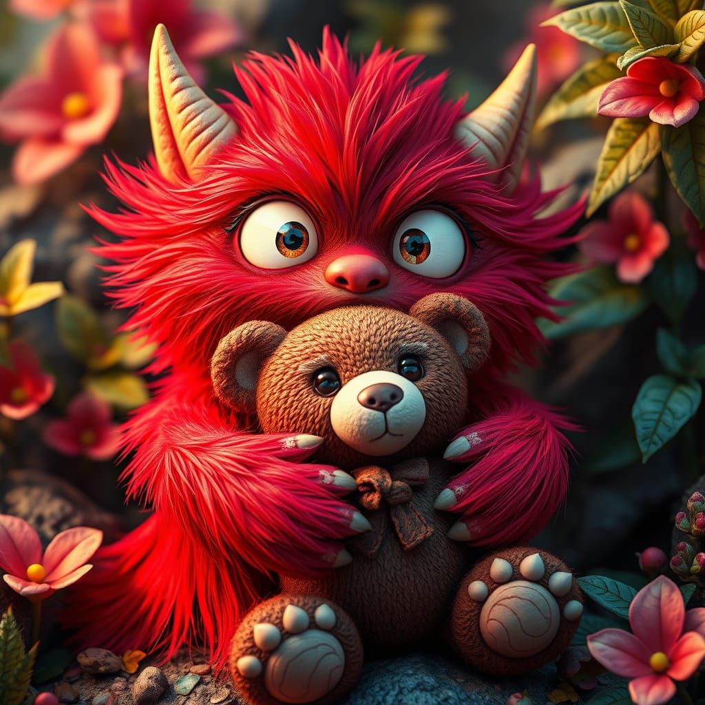 Whimsical Fantasy Monster with Red Fur and Teddy Bear