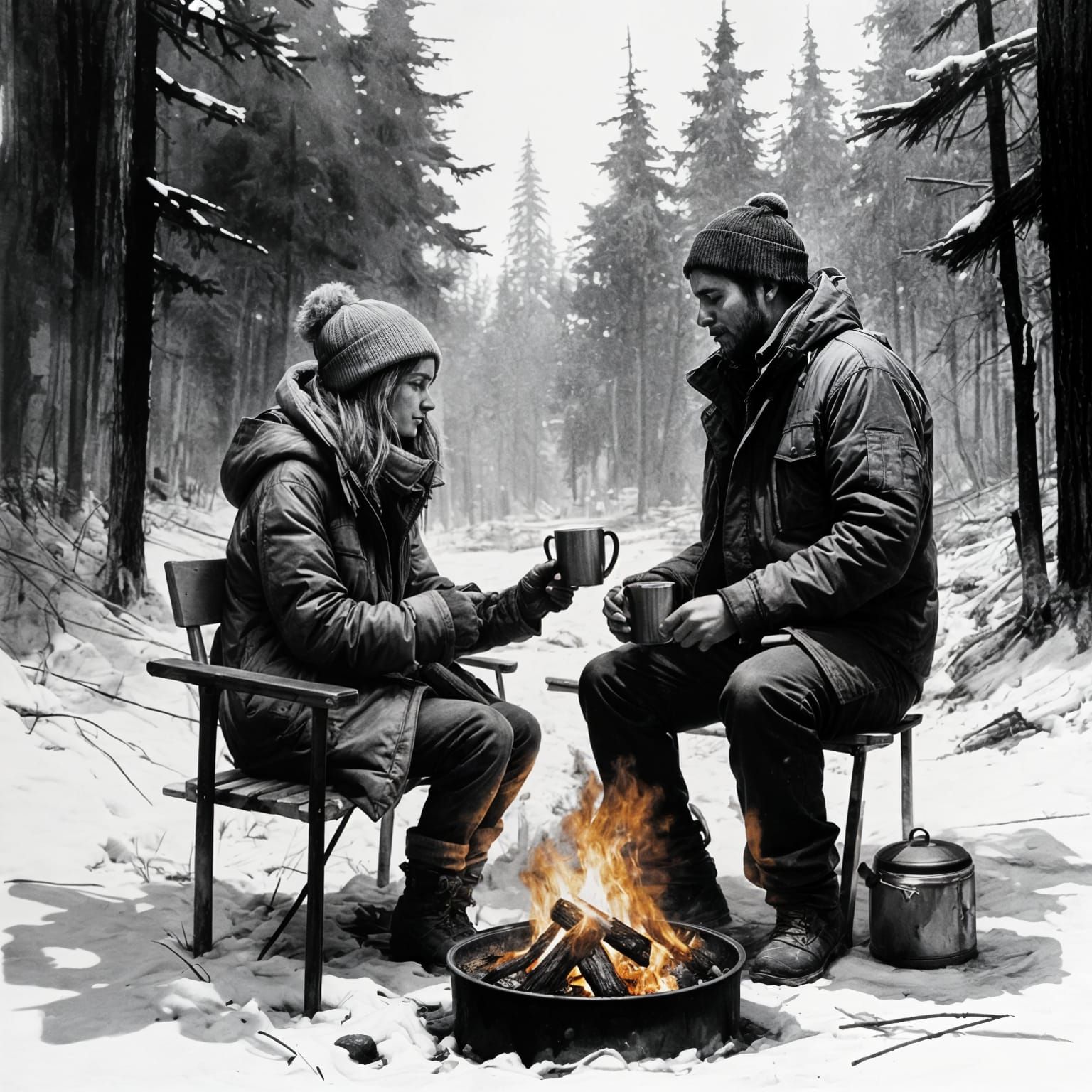 Couple's Winter Wonderland Camping Scene in Charcoal Drawing