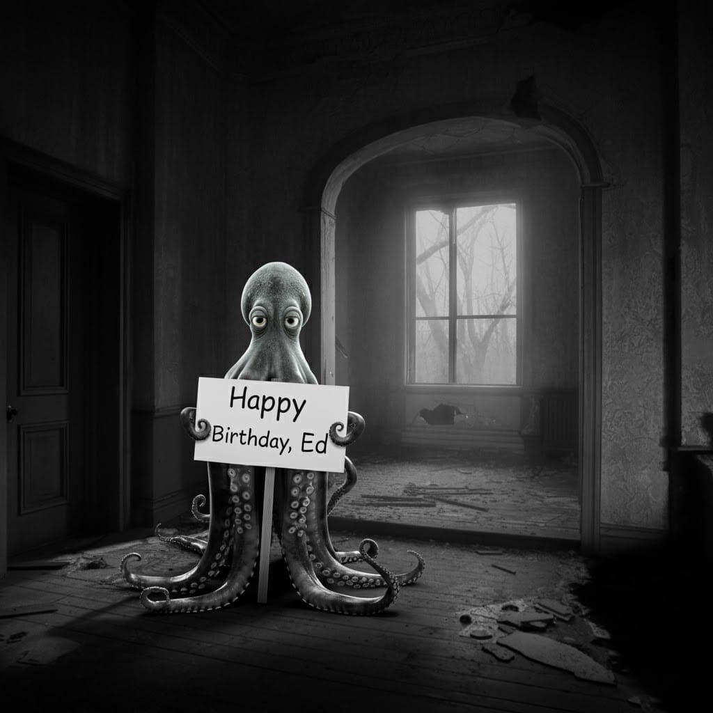 Octopus Birthday Sign in Abandoned Mansion