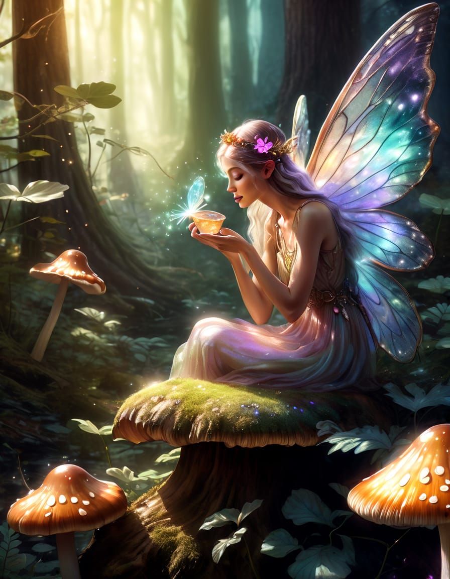 Whimsical Fairy Sips Nectar in Enchanted Forest