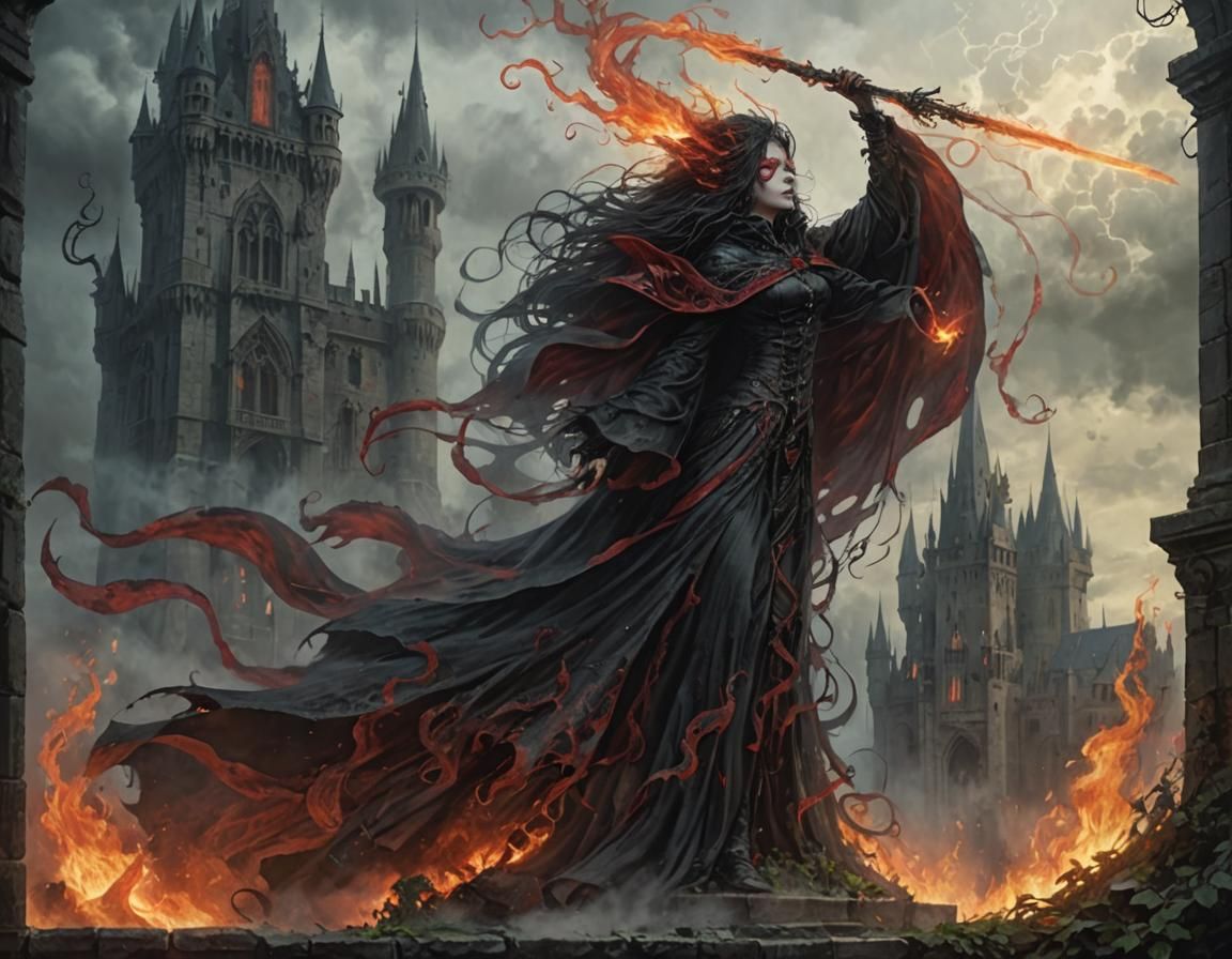Mysterious Sorceress Ascends in Flames: A Dark Fantasy