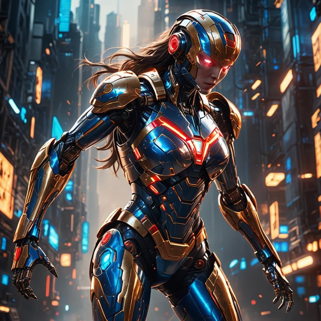 Superhero Confronts Robot in Detailed 3D Game Scene