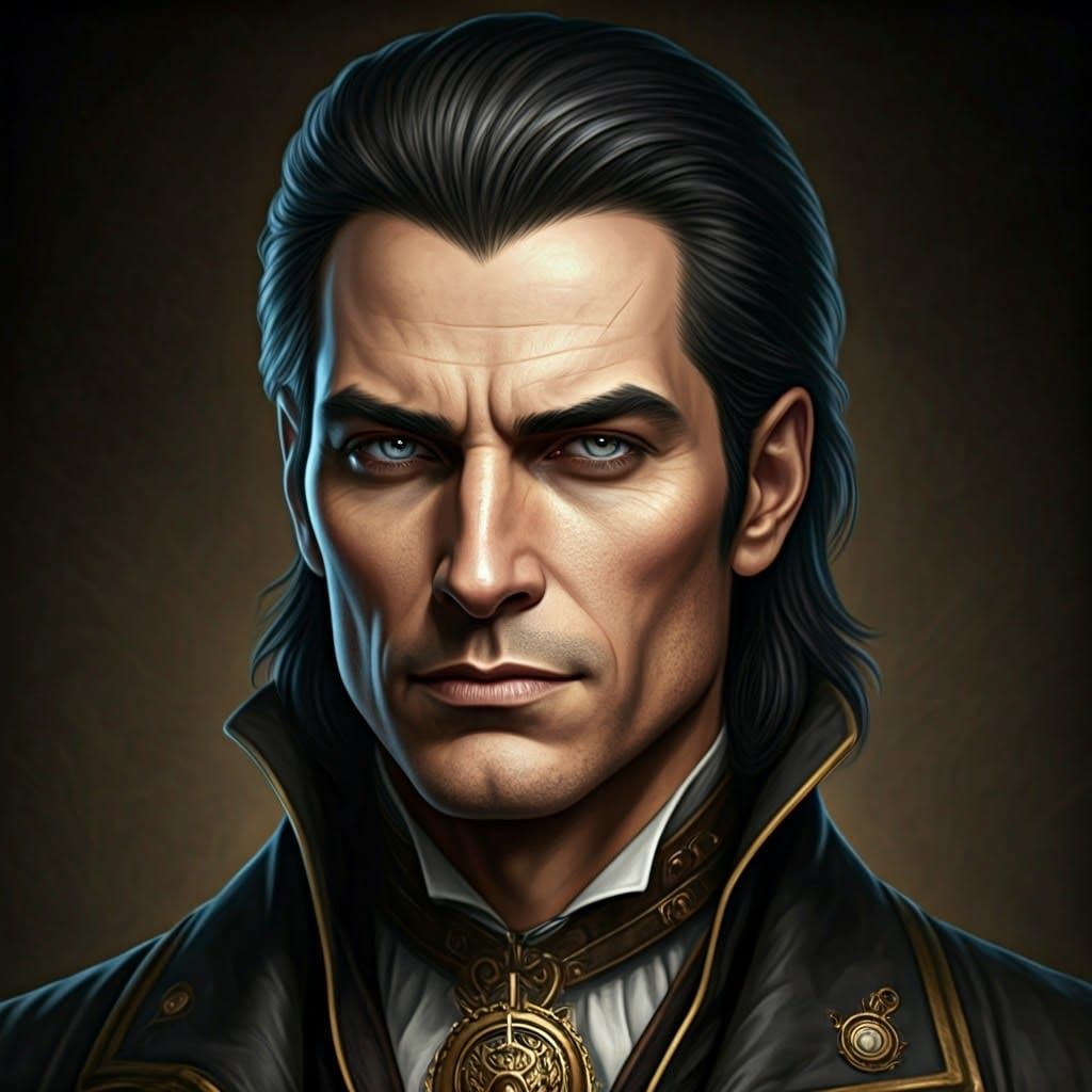 A portrait of a sleazy looking human male, mid 30s. He has sleek black hair, at ear length. Grey eyes. Tanned skin. Smoo...