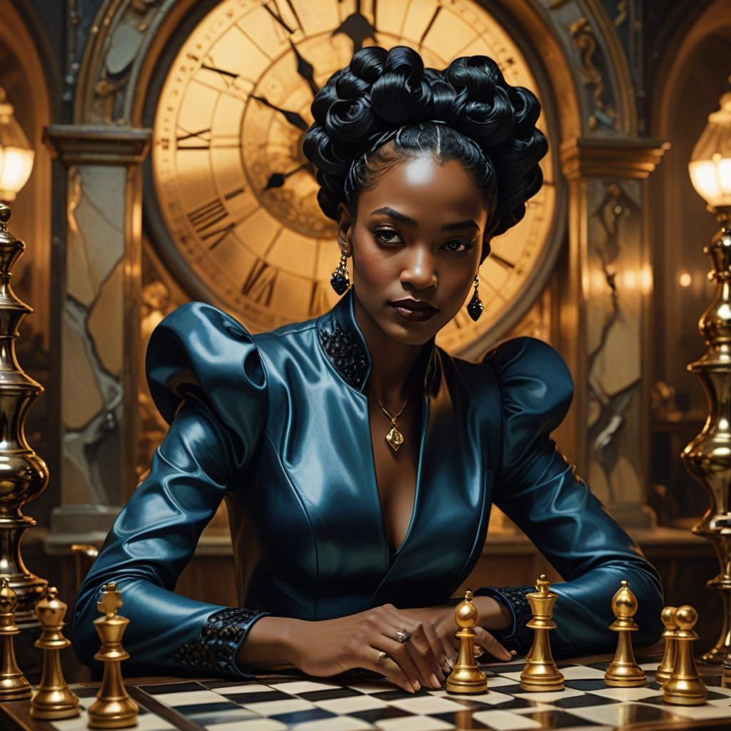 Surreal Chess Game with Powerful Woman in Gown