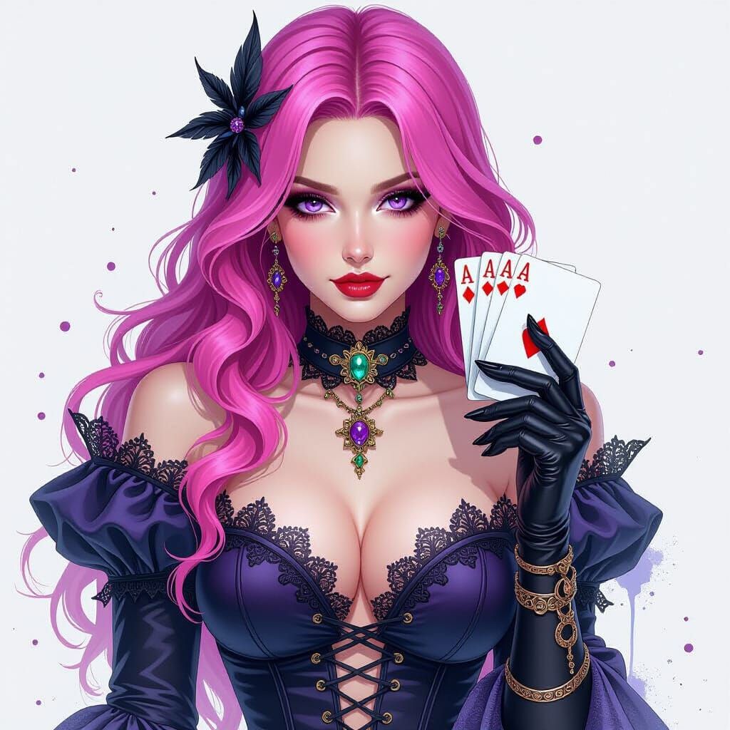 Gothic Pink-Haired Woman with Raven Playing Cards
