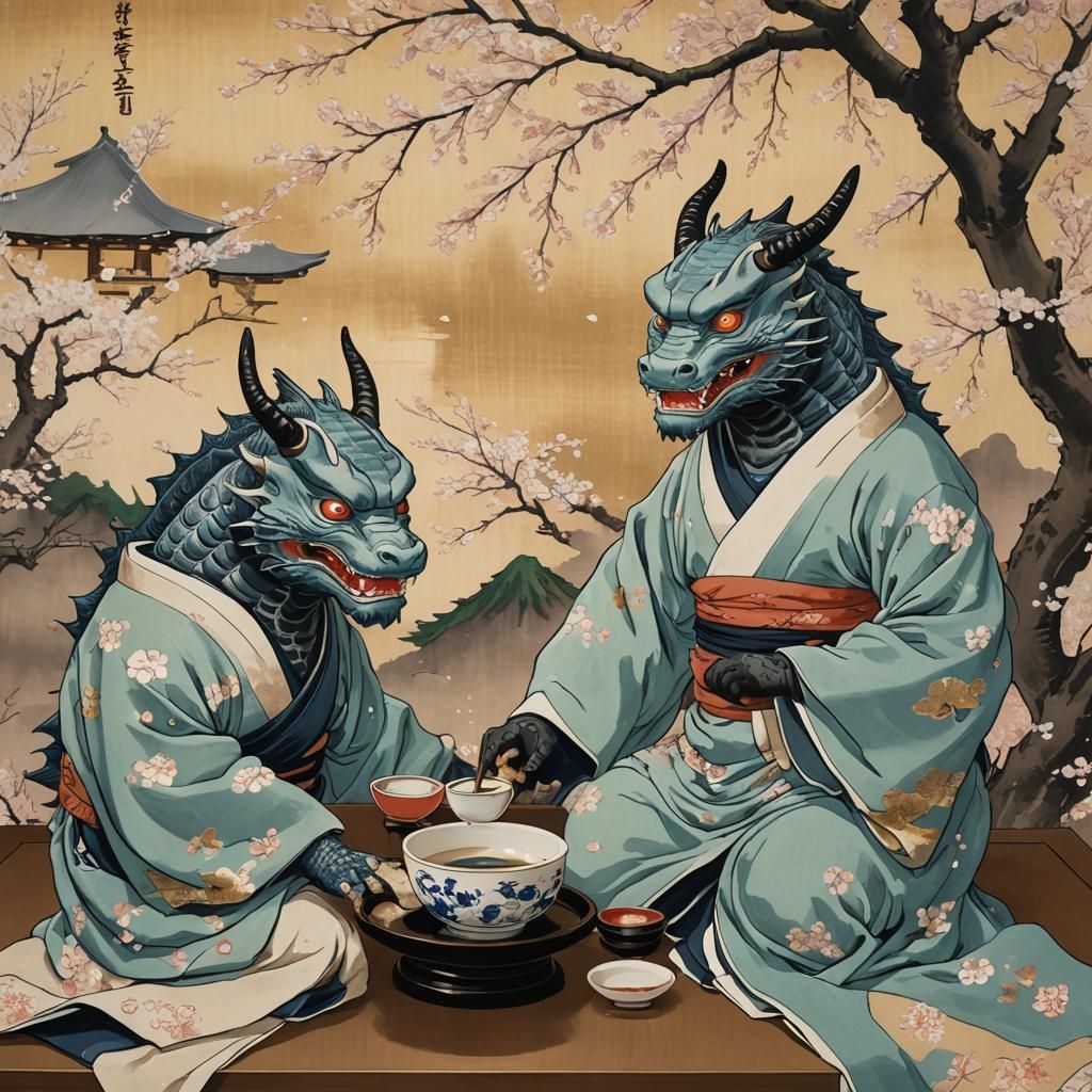 Kaiju Tea Ceremony in Ukiyo-e Style