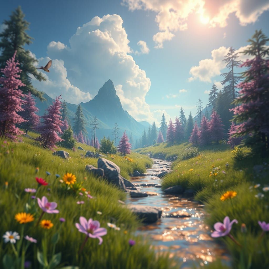 Ethereal Fantasy Landscape: Amethyst and Turquoise Meadow