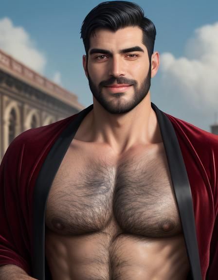 Hirsute Man in Red Velvet Robe as Impasto Painting