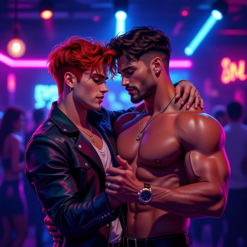 Two Men Dancing in Neon Lit Nightclub, Digital Art