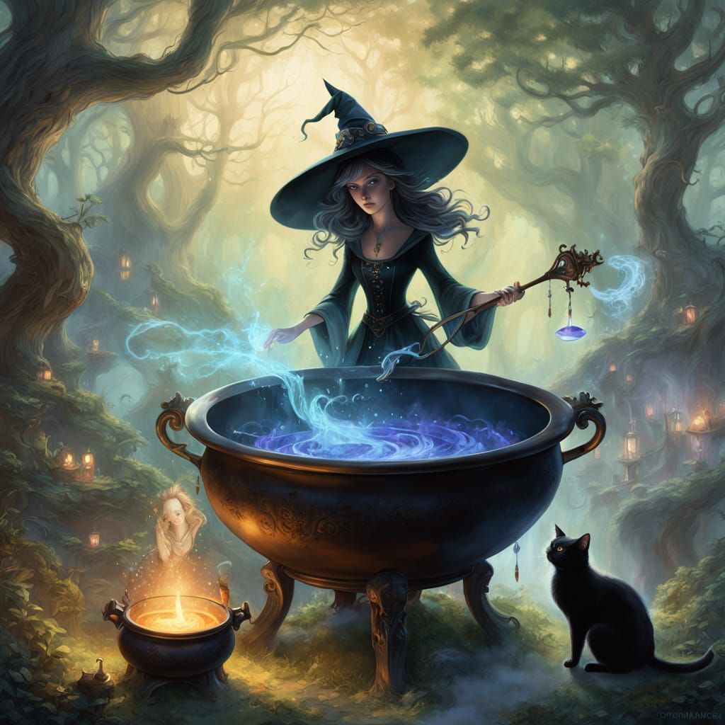 Enchanting Witch Brewing Potion in Mystical Forest