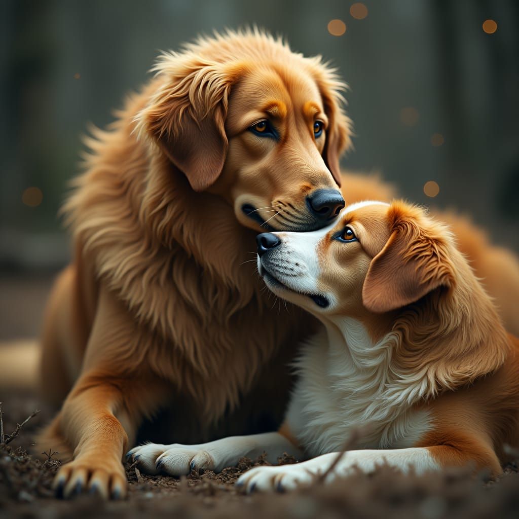 Wolfhound and Beagle: A Tender Moment in Fantasy Art