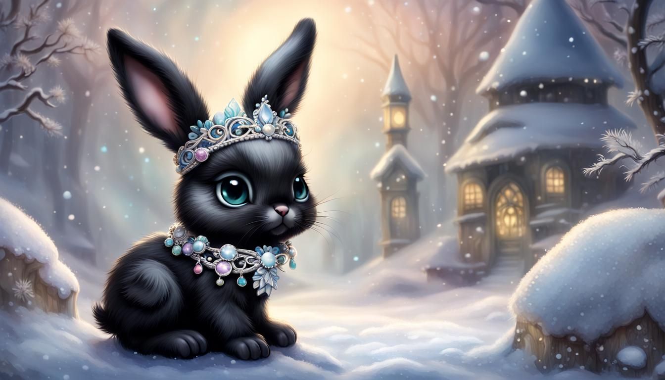 cute, adorable big eyed chibi black baby bunny,wearing Diadema jewelry,snow ethereal fantasy hyperdetailed mist Thomas K...